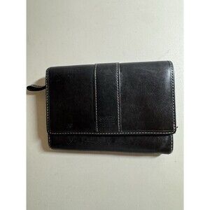 VTG ‎ Coach Leather Wallet Black BiFold Snap Wallet Women White Stitching